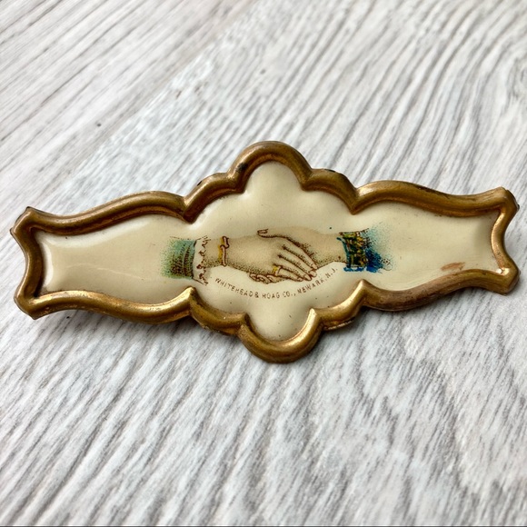 Victorian Female Handshake Bar Pin Ribbon Brooch - Picture 8 of 8